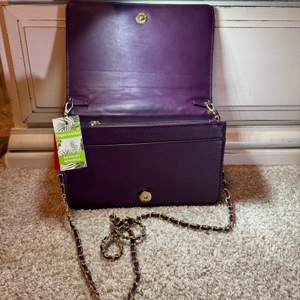 Badgley Mischka Plum Quilted Crossbody Gold Details & Hardware NWT - Picture 4 of 11